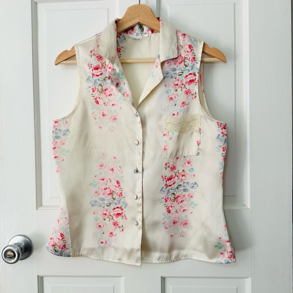 Vintage Pink K Floral Button Up Satin Sleeveless Top Cream Pink Lace FLAW Size M